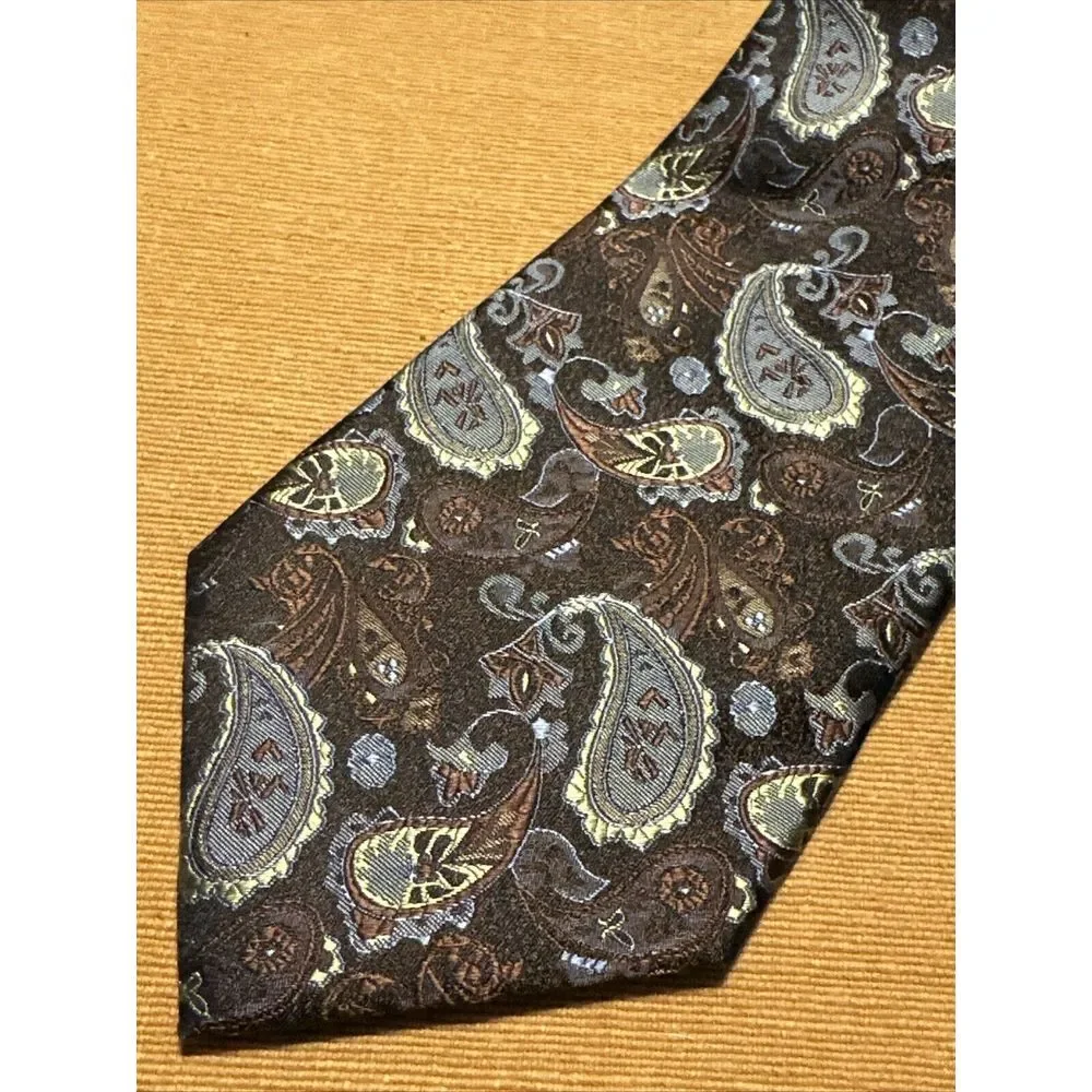 PRONTO UOMO Mens Classic Tie 100% Brown Tone Silk‎ Paisley Hand Made Necktie